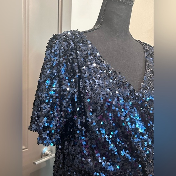 Calvin Klein Women's Dress Blue Sequin Short Sleeve V-Neck Gown - Picture 12 of 15